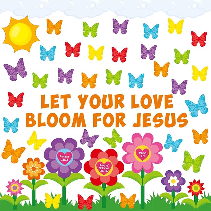 97 Pcs Christian Bulletin Board Decorations Let Your Love Bloom for Jesus Bulletin Board Sets Religious Faith Flower Butterfly Cutout for Summer Church Sunday School Classroom Wall Decor