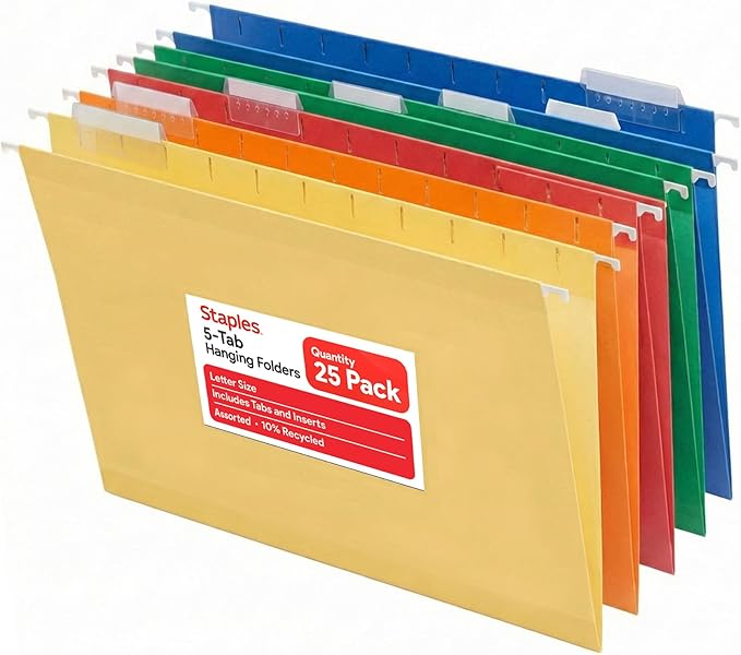 Staples Hanging File Folders, Letter Size, 1/5‑Cut Tabs, Assorted Colors, Adjustable Tabs with Paper Inserts – 25/Pack