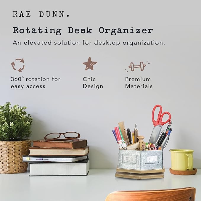 Rae Dunn Pencil Holder Cup - Spinning Metal Pen and Office Supplies 6 Compartment Desktop Organizer Caddy for Office Accessories - Great for Home, School, Classroom, Work - Round Design