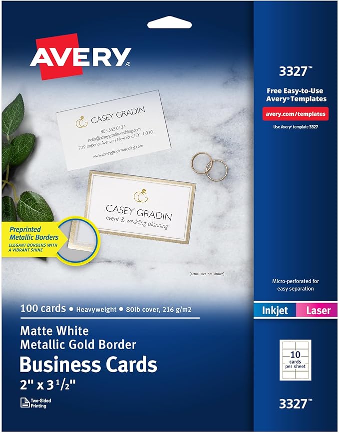 Avery Business Cards, Metallic Gold Borders, 2" x 3.5", 100 Total, Laser/Inkjet Printable Business Cards (3327)