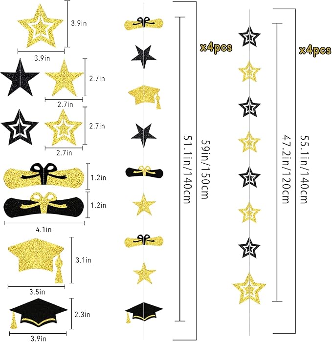 8 Pack 2026 Graduation Party Decorations - Black Gold Glitter Backdrop with Cap, Diploma & Star Garland Banner Hanging Decor - Perfect for High School, College, and Middle School Graduation Parties