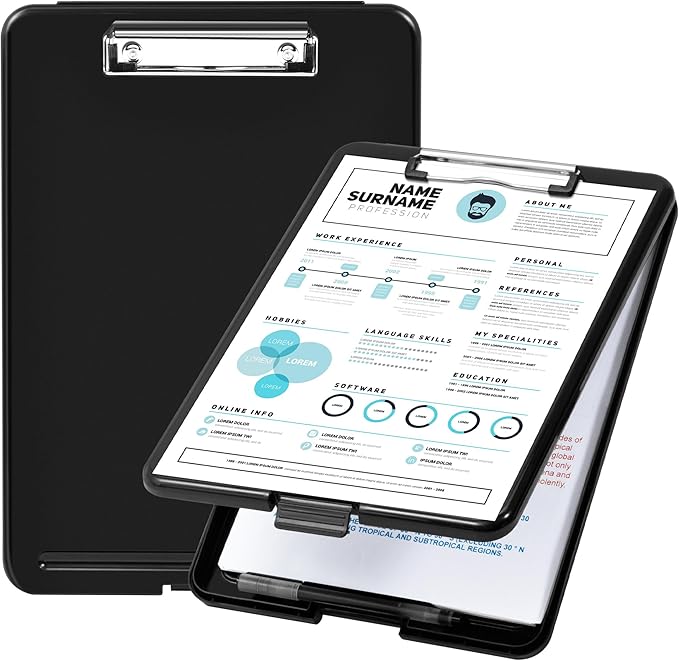 Amazon Basics Sturdy Plastic Storage Clipboard for School & Office Supplies, Lightweight, Black, 2-Pack