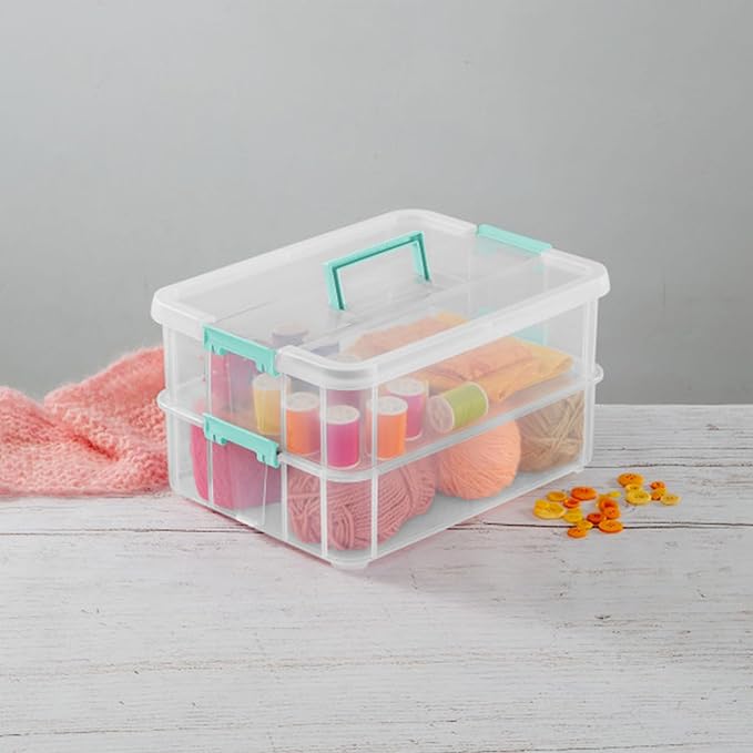 Sterilite 12-Pack Stack & Carry, 2 Layer Handle Box for Home & Office Storage - Clear Base & Lid with Color Latches, Organizer for Art & Craft Supplies, Sewing Tools or 8.5" x 11" Paper