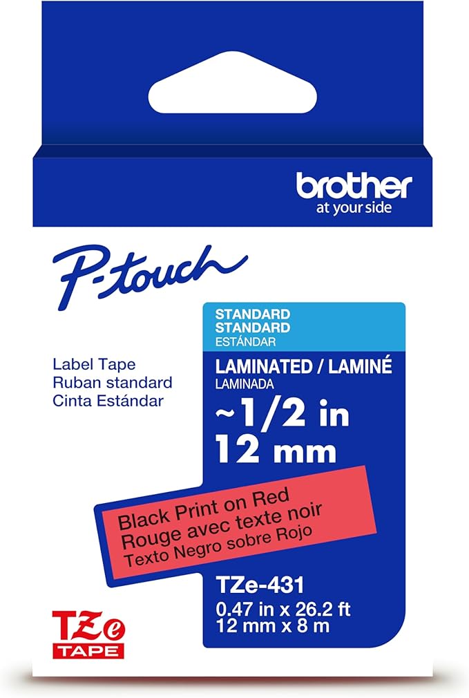 Brother Genuine P-Touch TZe Black Print on Red Label Tape (TZe431), Laminated,1/2in x 26.2ft (12mm x 8m), for Select P-Touch Label Makers, Durable, Water-Resistant, Indoor/Outdoor Use