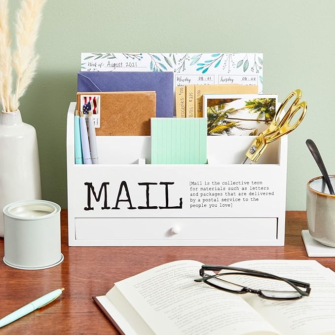 Juvale Wooden 3-Tier Countertop Mail Organizer - Desktop Organizer with Drawer for Paper & Supplies - Wall-Mount Mail Holder for Envelopes & Letters - White, 11 x 7 x 4 in
