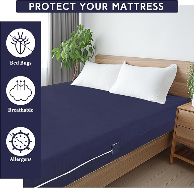Zippered Mattress Fitted Protector Deep Mattress Encasement Soft Zipper Fitted Sheet Microfiber Bed Sheet Cover for Bed (Navy Blue,Queen,12-16in)
