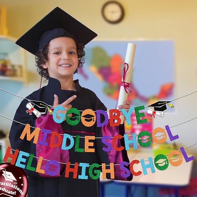 Goodbye Middle Hello High School Banner 8th Grade Graduation Decorations Graduation Banner Class of 2026 for 8th Grad Graduation Party Decorations Glitter