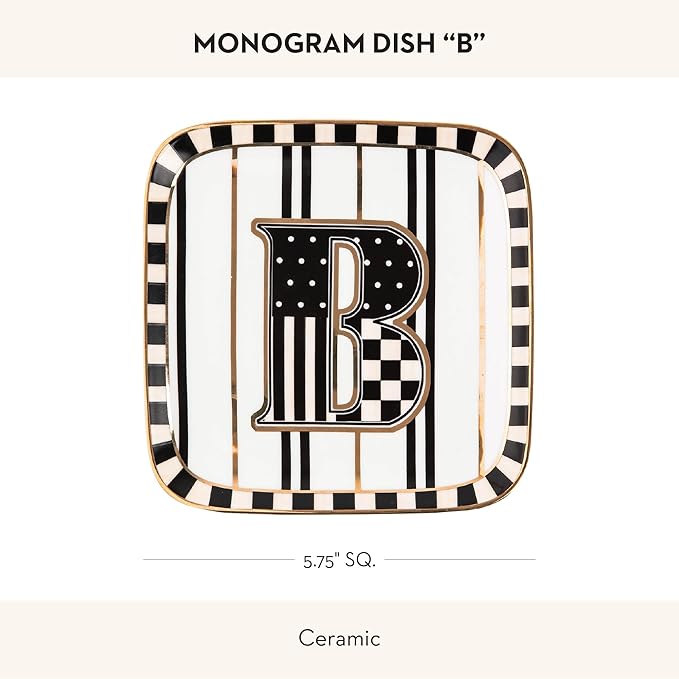 MACKENZIE-CHILDS Monogram Dish, Decorative Ceramic Letter Plate, 5 3/4" Square, B