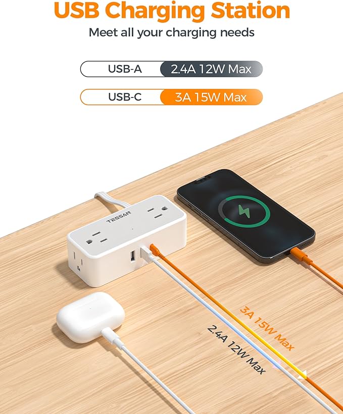 Flat Plug Extension Cord 10 FT, TESSAN Surge Protector Power Strip with 4 AC Outlets 1 USB C and 2 USB A Ports, 900 Joules Protection, Multiple Wall Outlet Extender Suitable for Home Office