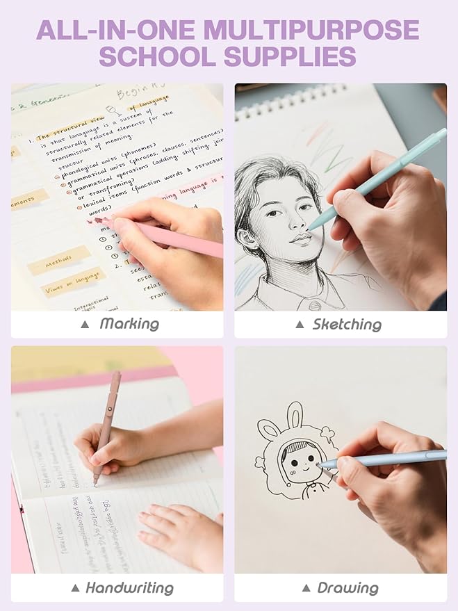 51 PCS Aesthetic School Supplies with Cute Pencil Case, 12 Pastel Highlighters, 8 Quick Dry Retractable Black Ink Pens, 6 Pastel Mechanical Pencil Student Stationary Bible Study Supplies(Purple)