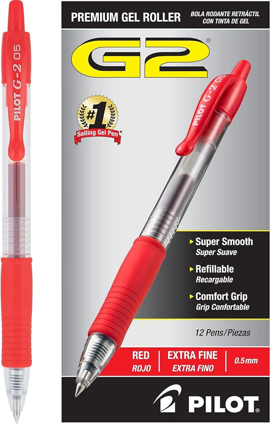 Pilot, G2 Premium Gel Roller Pens, Extra Fine Point 0.5 mm, Pack of 12, Red