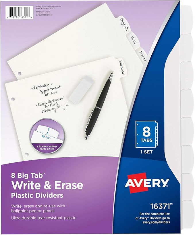 Avery Big Tab Write & Erase Durable Plastic Dividers for 3 Ring Binders, 8-Tab Set, White, 1 Set (16371)