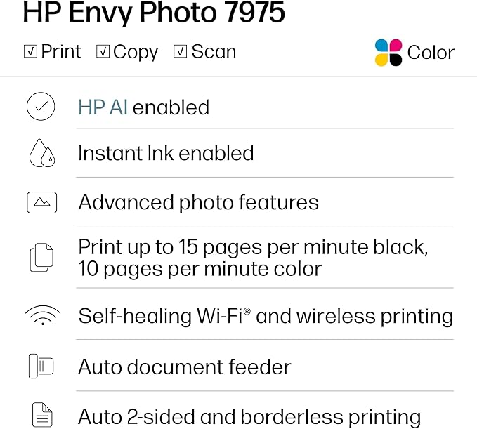 HP Envy Photo 7975 Wireless Color Inkjet Photo Printer, Print, scan, Copy, Easy Setup, Mobile Printing, Best-for-Home, 3 Month Trial of Instant Ink Included, AI-Enabled (B63K3A)