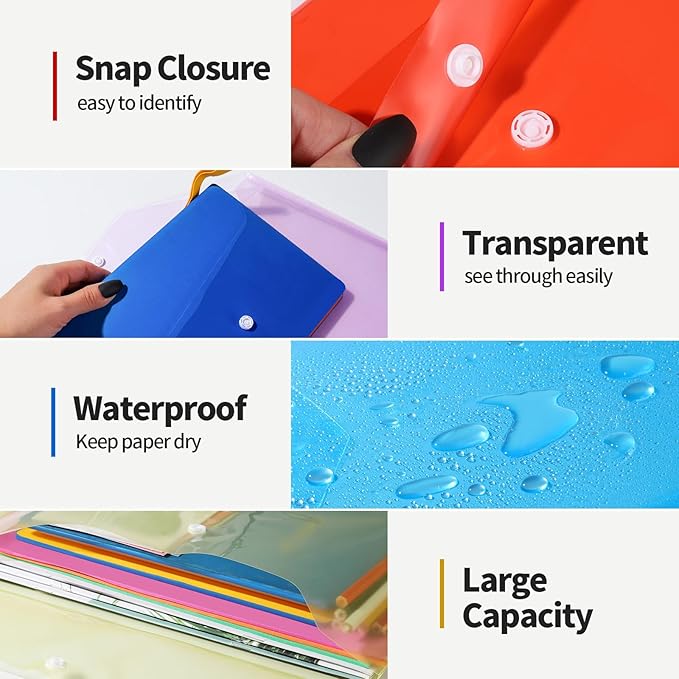 LEOBRO Plastic File Folders for Documents, 4 PCS File Folders, A4 Size Plastic Envelopes with Snap Closure, Clear Envelopes Pouches Folder Organizer Document Holder, Filing Envelopes