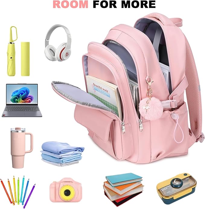 School Bag for Teens Girls,Girls Backpack Set,3 PCS Kids Backpack for Women,15.6 Inch Laptop Middle High School College Student Casual Travel Daypack with Lunch Box Pencil Pouch Set(Pink)