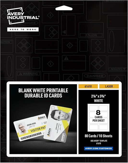 Avery Durable ID Cards, Laser Printable on Both Sides, Blank White, 80 Total, 2.125" x 3.375" (61610)