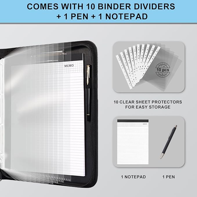 Eshow Portfolio Organizer - 3 Ring Binder with Zipper, Vegan Leather Business Padfolio Folder with Notepad Includes 10 Clear Sheet Protectors for Documents Files for Men Women