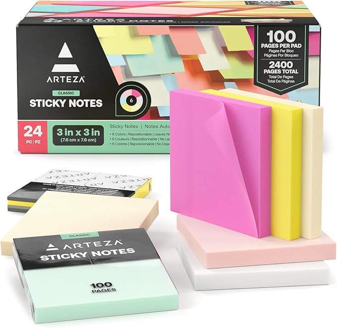 ARTEZA Sticky Notes, 3x3 Inches, 24 Pads, Bulk Pack of Assorted Multicolor Self-Adhesive Notes for Office, School & Home
