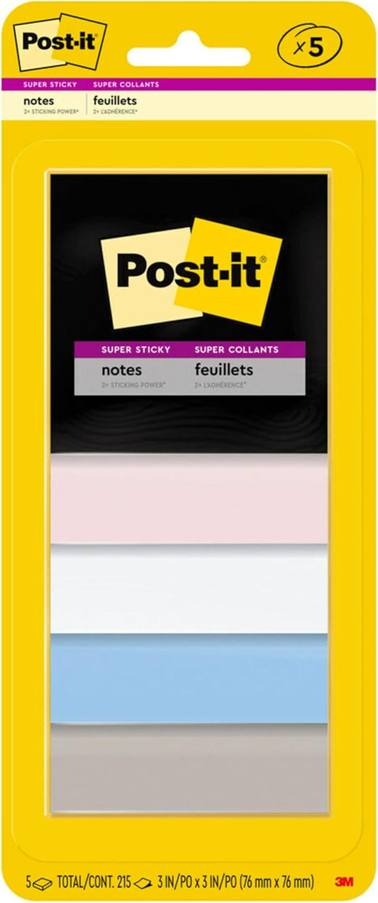 Post-it Super Sticky Notes, 5 Sticky Note Pads, 3 x 3 in., School Supplies for Students, Ideal for Textbooks, Notebooks, Walls and Vertical Surfaces, Simply Serene Collection