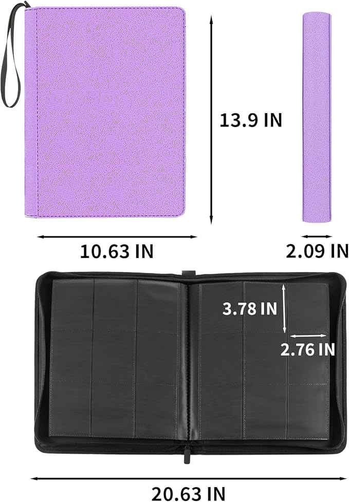 Card Binder 9 Pocket - 432 Cards, Premium Textured & Patterned PU Leather Album, 24 Page Zippered Side-Loading for Baseball, TCG, Trading & Sports Cards (Unique Textured Purple)