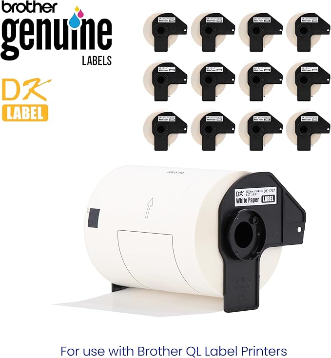Brother Genuine DK-124712PK Die-Cut Large Shipping Labels, 4.07 in x 6.4 in (103 mm x 164 mm), White Paper Labels, 180 per Roll, 12 Rolls per Box, for use with Select Brother QL Label Printers