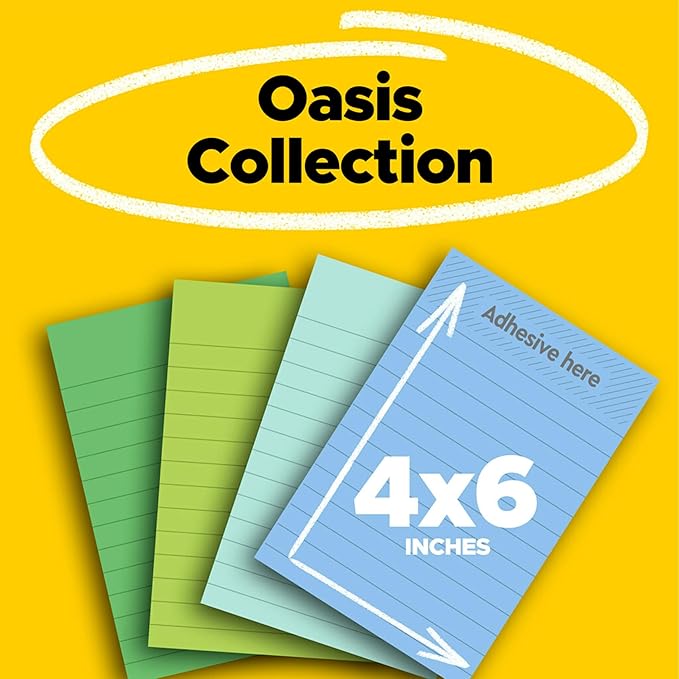 Post-it 100% Recycled Paper Super Sticky Notes, Lined, 4 in. x 6 in., 4 Pads, 45 Sheets per Pad, Oasis Collection, New Year Organization or Second Semester School Supplies