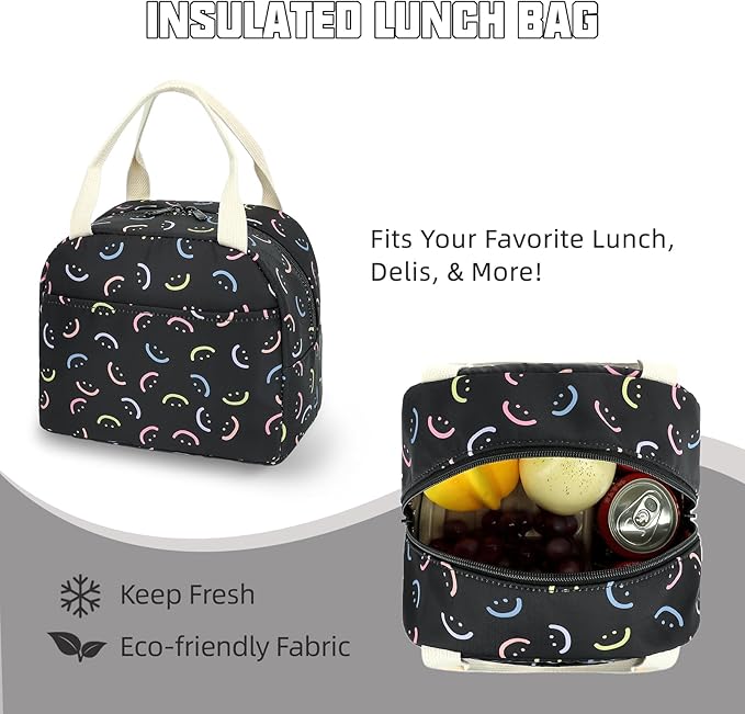 School Backpack for Girls, 3PCS Bookbags Set with Lunch Box Pencil Pouch Elementary Middle School Bag Laptop Back Packs (Smile Black)