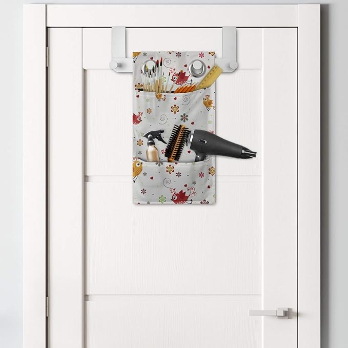 Ambesonne Cartoon Hanging Pocket Organizer, Birds Swirls Flowers and Mini Hearts Nature Inspired Drawing Style Happy Animals, Printed Polyester Storage Bag with Pockets, 9" x 16", Multicolor