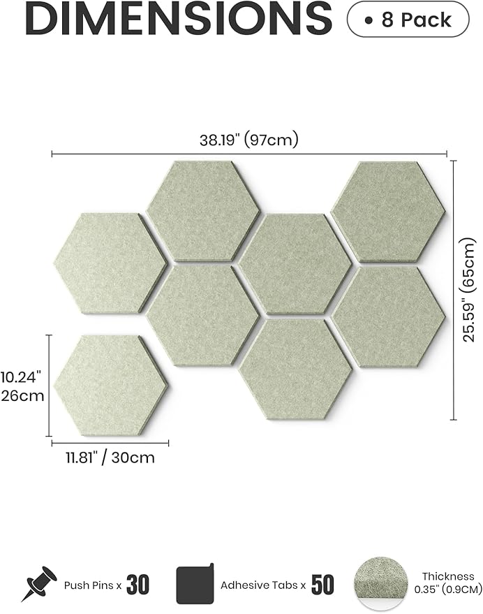 Fluxynara Hexagon Cork Board Alternative for Walls Decor-8-Pack Felt Bulletin Board Tiles,with 30 Pushpins,50 Adhesive Tabs for Office,Classrooms & Home Pin Board Felt Board-Sage