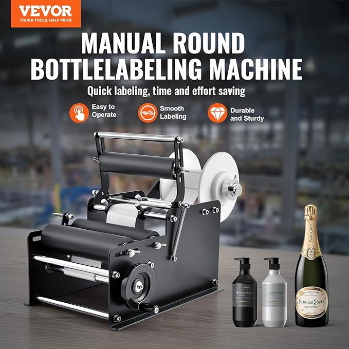 VEVOR Manual Round Labeling Machine, 15-20pcs/min, Applicator for Round Bottles, Adjustable for 0.78-4.72 inch Diameter (with Pressing Bar)