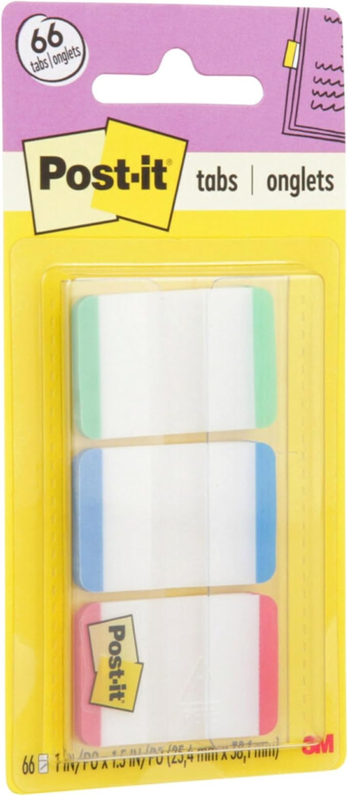 Post-it Tabs, 1 in, Lined, Green, Blue, Red, 22 Tabs/Color, 66 Tabs/On-The-Go Dispenser (686L-GBR) (Pack of 2)