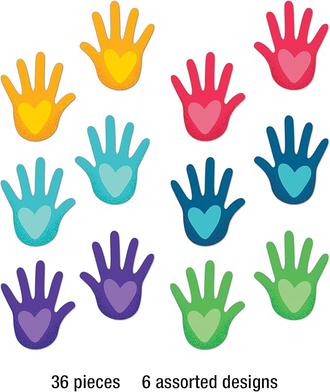 Carson Dellosa One World 36-Piece Hands With Heart Cutouts, Bright and Colorful Handprints for Bulletin Board, Back to School Decorations, and Classroom Decor