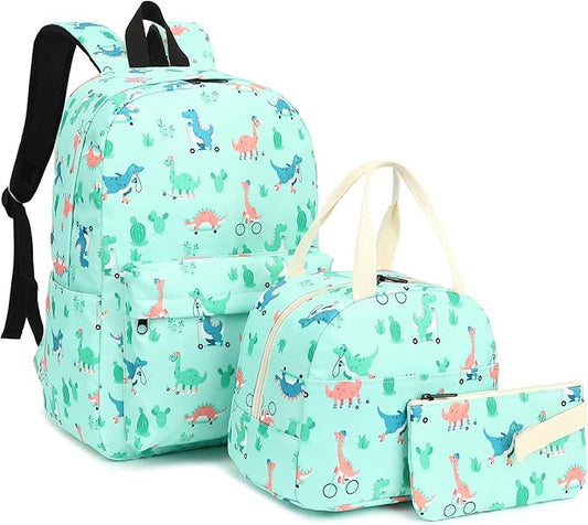 Dinosaur Girls Backpack for School, Kids Elementary School Bag Teens Middle Bookbag Set with Lunch Box Pencil Case (Green)