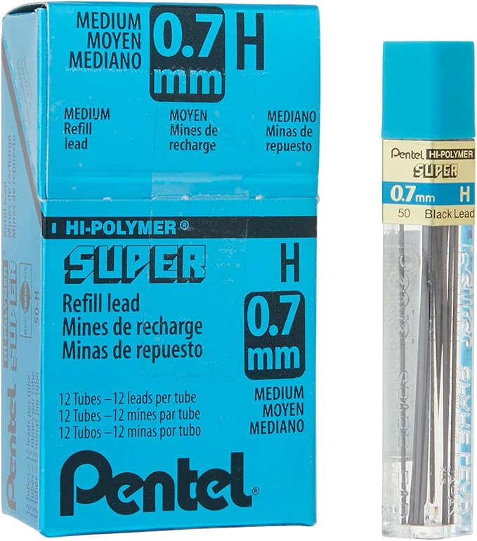 Pentel Super Hi-Polymer Lead Refill, 0.7mm Medium, H, 12 tubes of Lead (50-H) (Pack of 5)