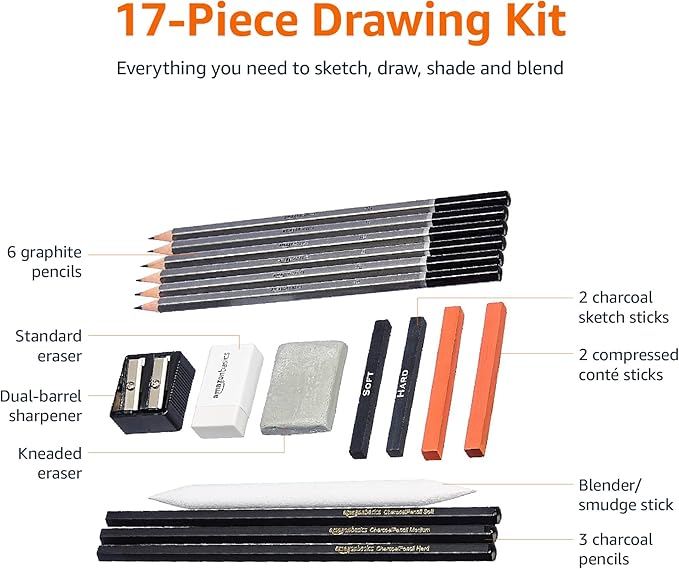 Amazon Basics Sketch and Drawing Art Supply Kit, 17-Piece, Charcoal and Pencil Set, Black, White