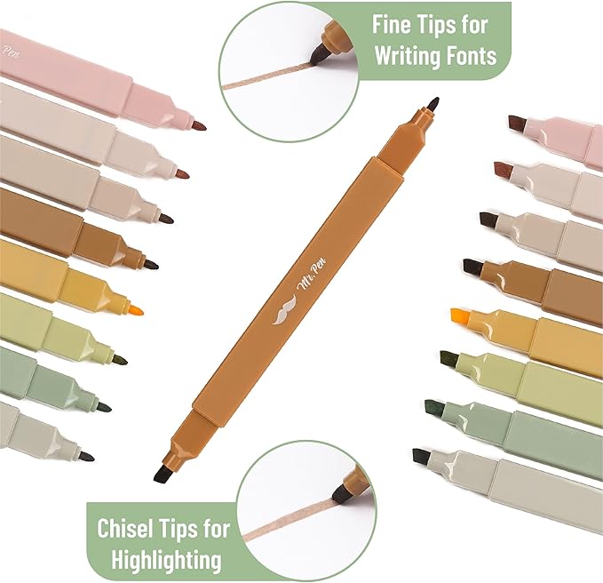 Mr. Pen- Dual Tip Aesthetic Highlighters, 8 pcs, Chisel & Fine Tips, Earthy Tones