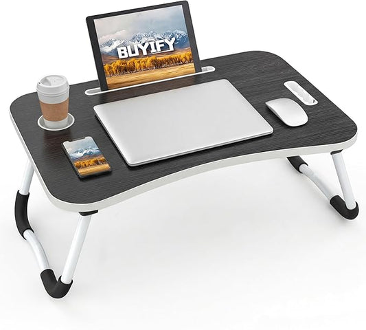 BUYIFY Folding Lap Desk, 23 Inch Portable Wood Black Laptop Bed Desk Lap Desk with Cup Holder, for Working Reading Writing, Eating, Watching Movies for Bed Sofa Couch Floor