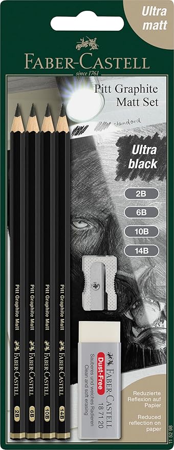 Faber-Castell Pitt Graphite Matte Pencil Set, Sketching Set of 4 Graphite Pencils and Supplies (2B, 6B, 10B, 14B), Sketching and Drawing Pencils, Pencil Sharpener and Eraser