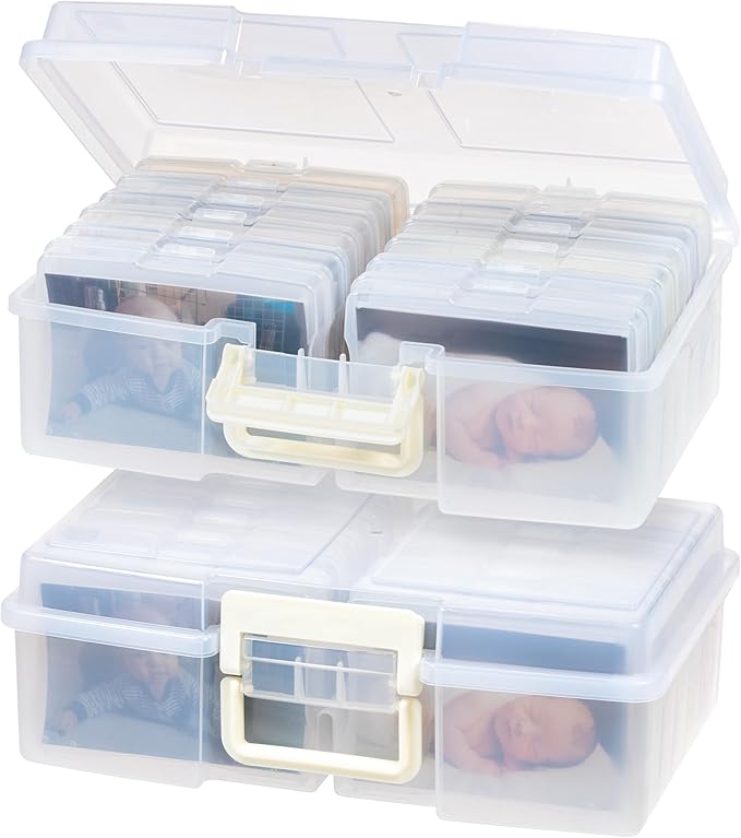 IRIS USA 4" x 6" Photo Storage Box Craft Keeper, 2-Pack, Transparent Handle Container with 12 Organization Holder Cases for Pictures, Tasks, Scrapbooking, Ephemera, Stationery Storage, Clear