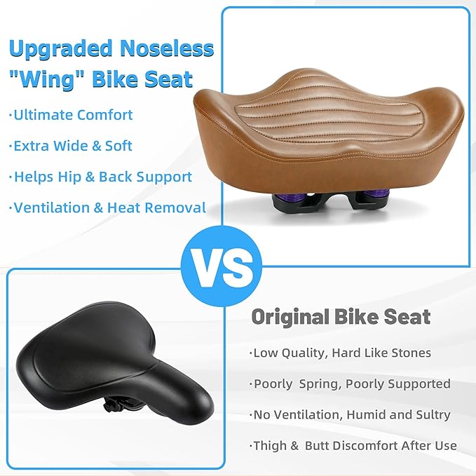 Noseless Oversized Bike Seat for Men Women Comfort, Extra Wide Padded Bicycle Seat Cushion, Large Comfortable Bike Saddle for Peloton, Stationary Exercise Bike, Beach Cruiser, City Bike, Ebike