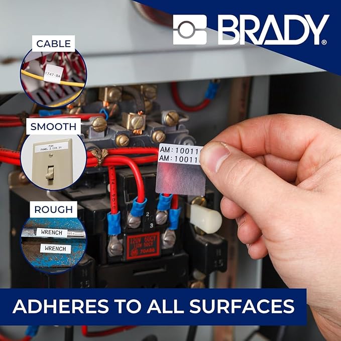 Brady Authentic (M5-32-427) Self-Laminating Vinyl Wrap Around Labels 1.5" H x 1.5" W Black on White, Clear, 180 Labels. for use with The BMP51 and M511 Label Printers