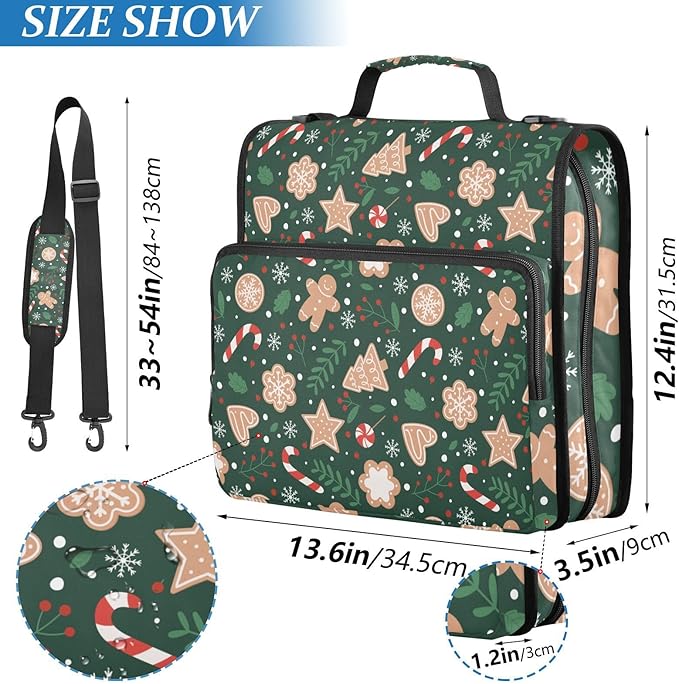3 Ring Zipper Binder with Shoulder Strap Christmas Gingerbread Snowflakes 1.5 inch Binders Keeper Large Capacity Multi Pockets for School Office Supplies