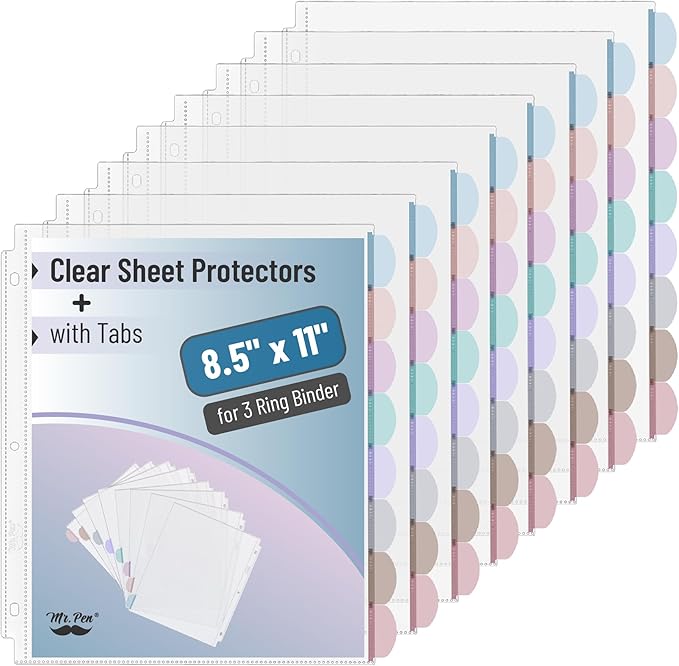 Mr. Pen- Clear Sheet Protectors with Tabs, 8 Tabs, 8 Sets, Clear Plastic Dividers for 3 Ring Binder, Insertable Index Page Divider Multicolor Tabs
