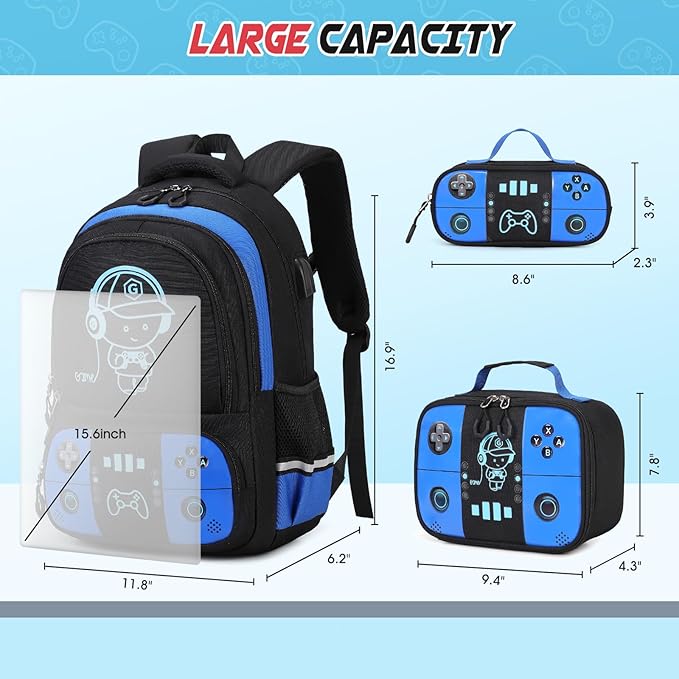 Bevalsa Backpack for School Boys, Cool Luminous Gamer Boys Backpack with Lunch Box & Pencil Pouch Set for Kids Children Teens Elementary Middle Schools, Schoolbag Bookbag Glow In The Dark (Blue)