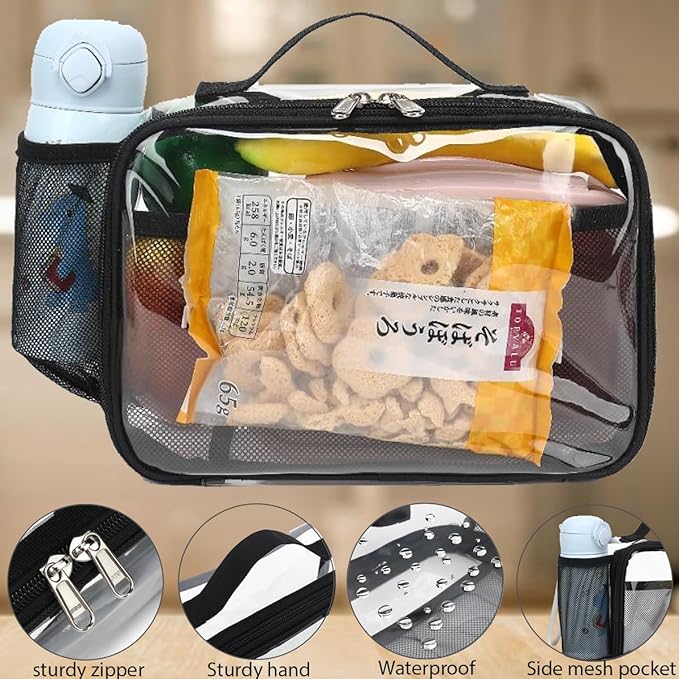 Insulated Lunch Box for School, Thermal Reusable Durable Freezable Lunch Bags for Kids Boys Girls Men Women - Small Soft Cooler Portable Lunch Tote Kit for Work Picnic Travel,Clear Black