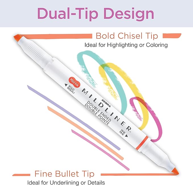Zebra Pen Mildliner Dual-Tip Highlighter Marker Set, Broad and Fine Tips, No Bleed, Ideal for Bible Highlighting, Journaling, School and Office Supplies, Assorted Soft Hue Ink Colors, 8-Pack (78108)
