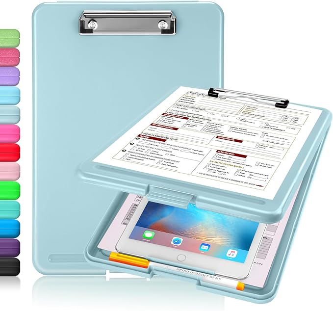Sooez Clipboard with Storage, Plastic Storage Clipboards with Low Profile Clip, Nursing Clip Boards Foldable, Hanging Clipboard Case for Work, Teacher, Classroom Must Haves, Office School Supplies