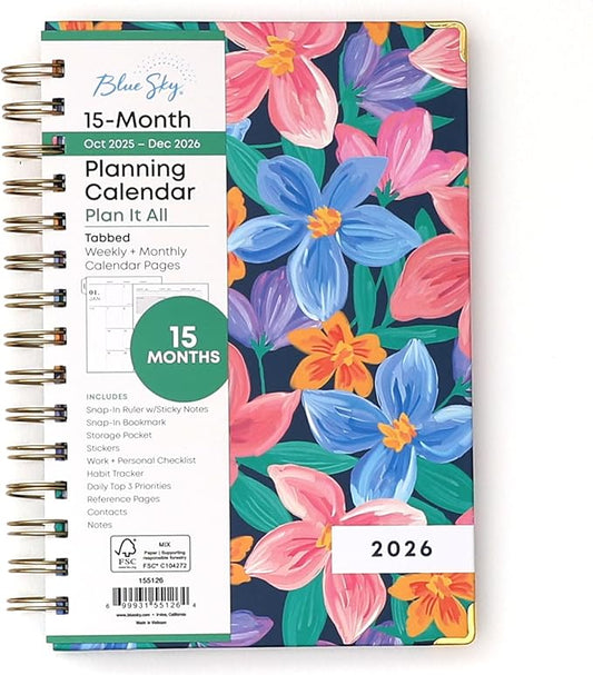 Blue Sky 15 Month 2026 Weekly and Monthly Planner Calendar, October 2025 - December 2026, 5" x 8", Hard Cover, Durable Twin Wire Binding, Laminated Tabs, Storage Pocket, Includes Ruler, Sticky Notes & Stickers, Nerina