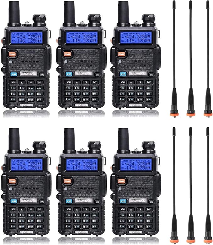 Baofeng UV-5R Dual Band Two Way Radio Handheld Ham Radio Long Range Walkie Talkies Pack of 6 for Hiking Camping Hunting Skiing Trip(Black) with 8.2'' D8 (VHF UHF)