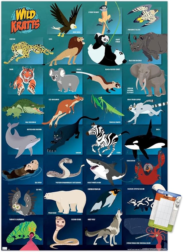 Wild Kratts - Grid Wall Poster, 34L" x 22.4W", Premium Poster & Mount Bundle